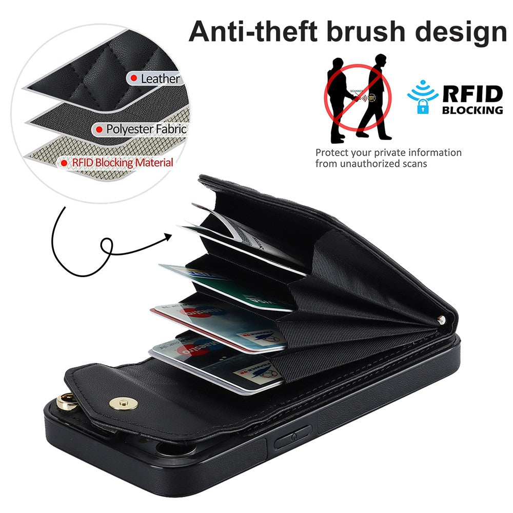 Til iPhone 15 Plus RFID-blokerende bagcover med flere kortlommer, ring-kickstand, PU-læder + TPU-cover