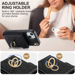 Til iPhone 15 Plus RFID-blokerende bagcover med flere kortlommer, ring-kickstand, PU-læder + TPU-cover