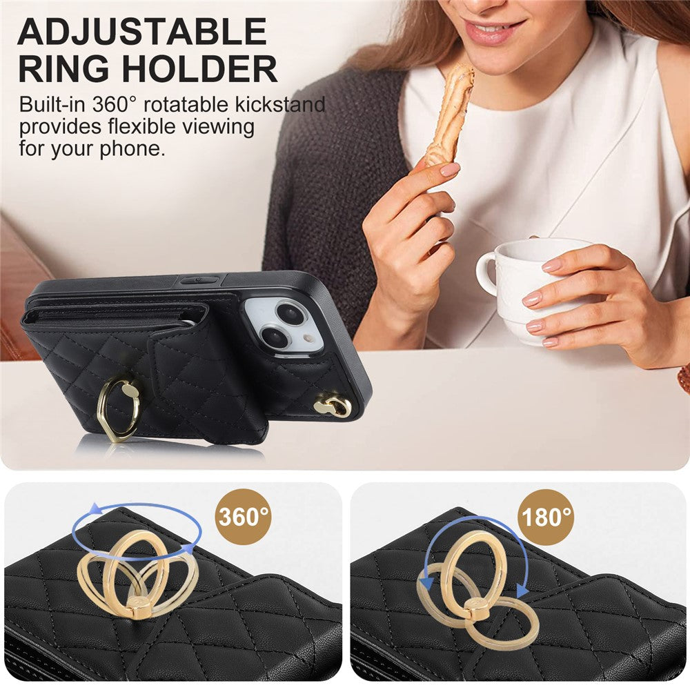 Til iPhone 15 Plus RFID-blokerende bagcover med flere kortlommer, ring-kickstand, PU-læder + TPU-cover