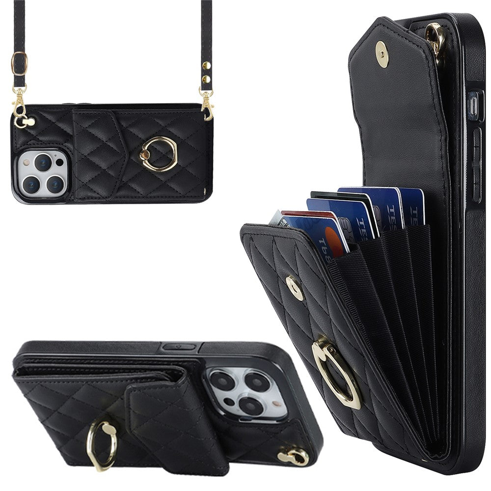 For iPhone 15 Pro RFID Blocking Back Case Multiple Card Slots PU Leather+TPU Phone Cover with Ring Kickstand
