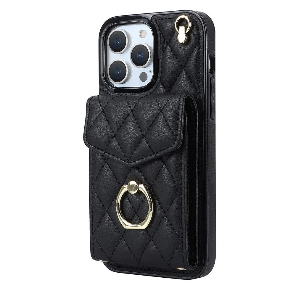 For iPhone 15 Pro RFID Blocking Back Case Multiple Card Slots PU Leather+TPU Phone Cover with Ring Kickstand
