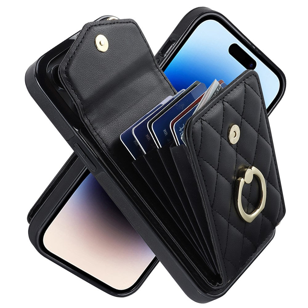 For iPhone 15 Pro RFID Blocking Back Case Multiple Card Slots PU Leather+TPU Phone Cover with Ring Kickstand