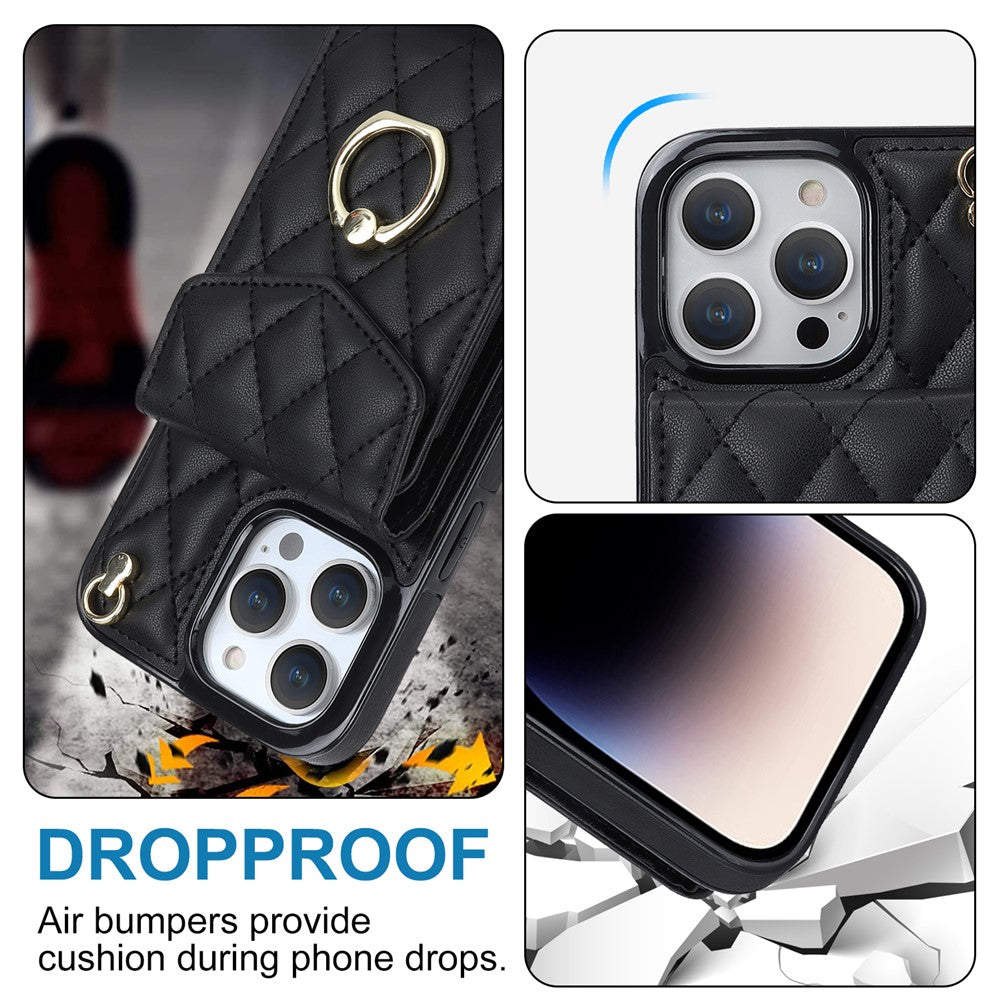 For iPhone 15 Pro RFID Blocking Back Case Multiple Card Slots PU Leather+TPU Phone Cover with Ring Kickstand