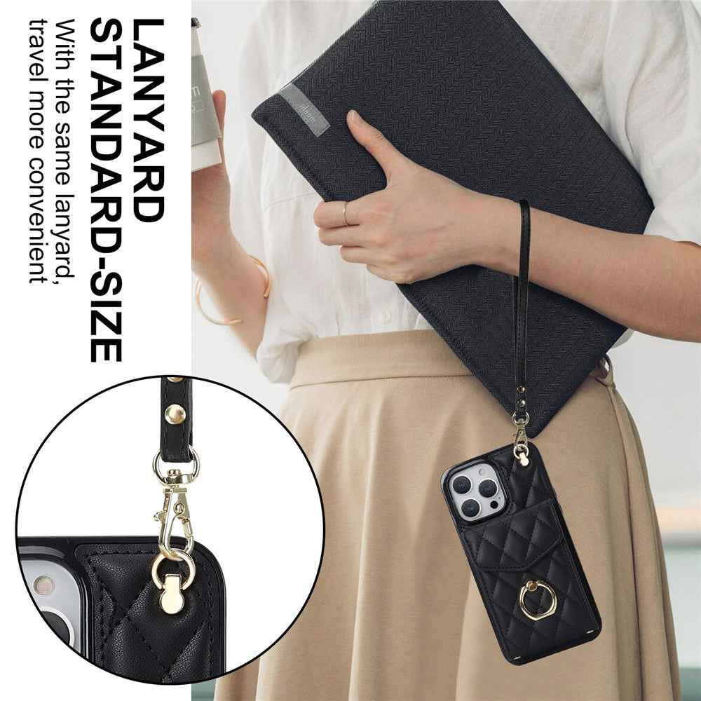 For iPhone 15 Pro RFID Blocking Back Case Multiple Card Slots PU Leather+TPU Phone Cover with Ring Kickstand