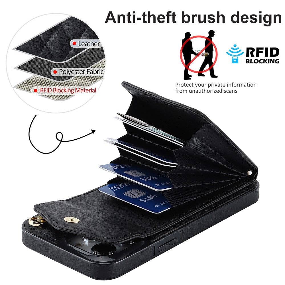 For iPhone 15 Pro RFID Blocking Back Case Multiple Card Slots PU Leather+TPU Phone Cover with Ring Kickstand