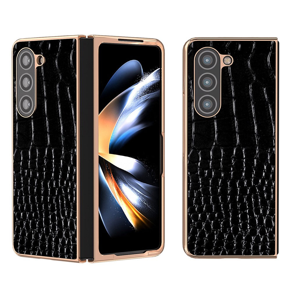 For Samsung Galaxy Z Fold5 5G Electroplating Protective Phone Case Genuine Cow Leather + PC Crocodile Texture Cover