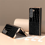 For Samsung Galaxy Z Fold5 5G Electroplating Protective Phone Case Genuine Cow Leather + PC Crocodile Texture Cover