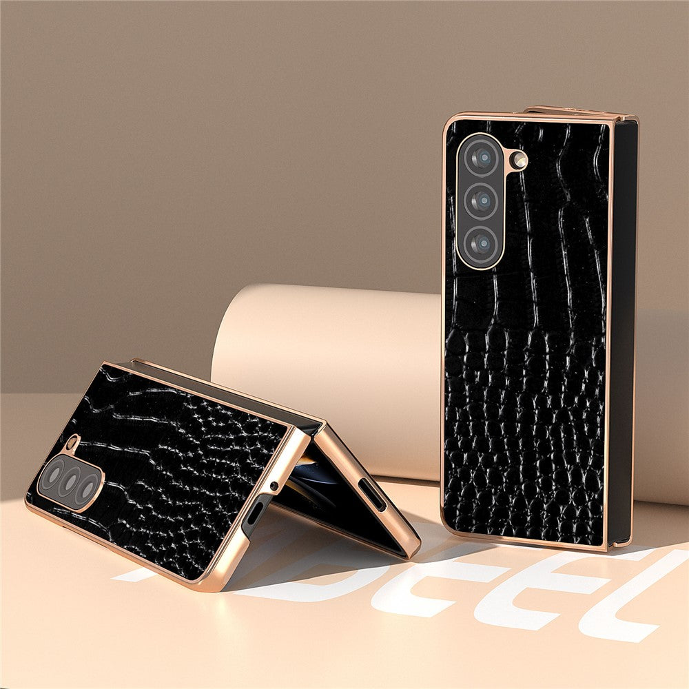 For Samsung Galaxy Z Fold5 5G Electroplating Protective Phone Case Genuine Cow Leather + PC Crocodile Texture Cover