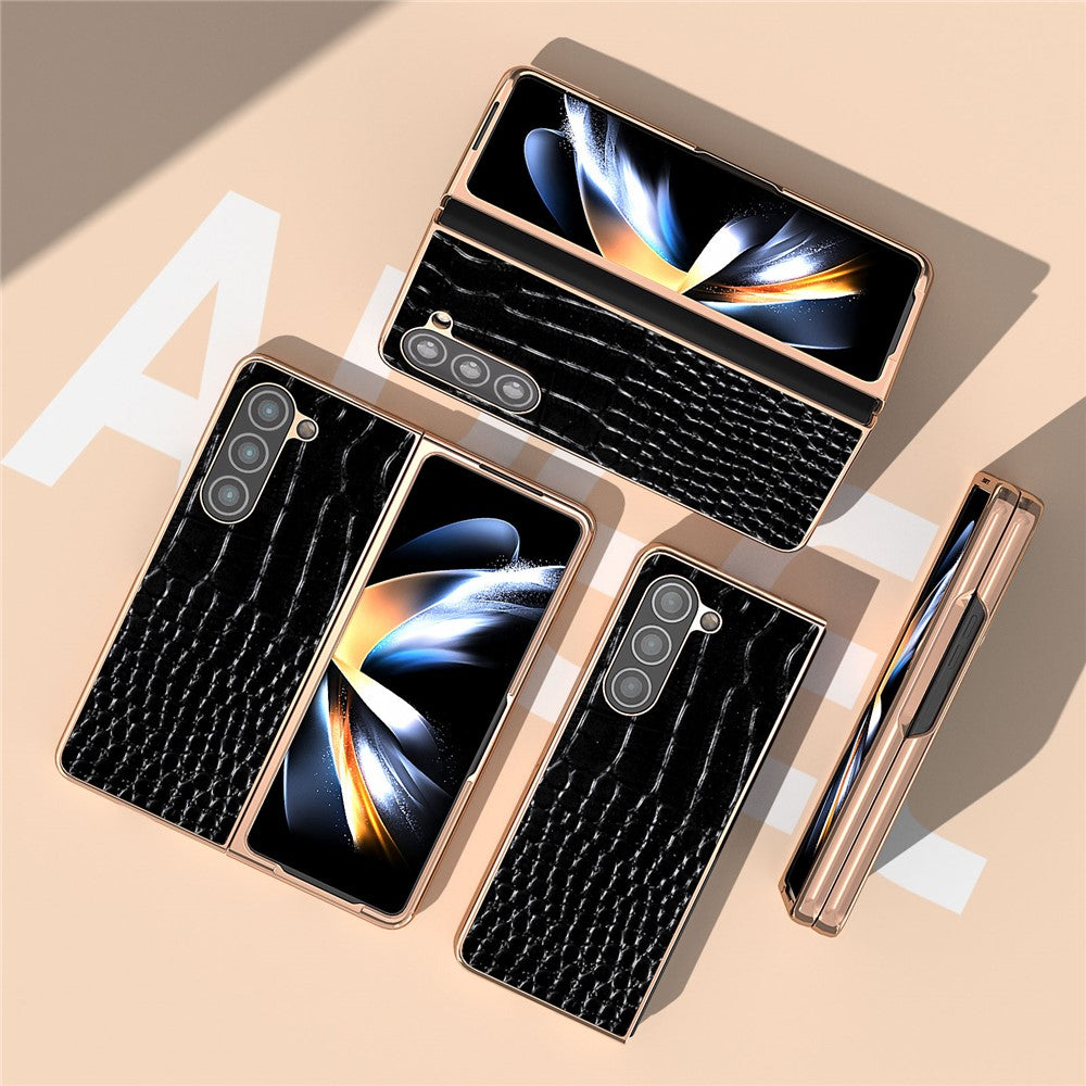 For Samsung Galaxy Z Fold5 5G Electroplating Protective Phone Case Genuine Cow Leather + PC Crocodile Texture Cover