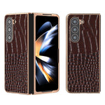 For Samsung Galaxy Z Fold5 5G Electroplating Protective Phone Case Genuine Cow Leather + PC Crocodile Texture Cover