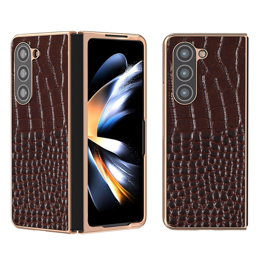 For Samsung Galaxy Z Fold5 5G Electroplating Protective Phone Case Genuine Cow Leather + PC Crocodile Texture Cover