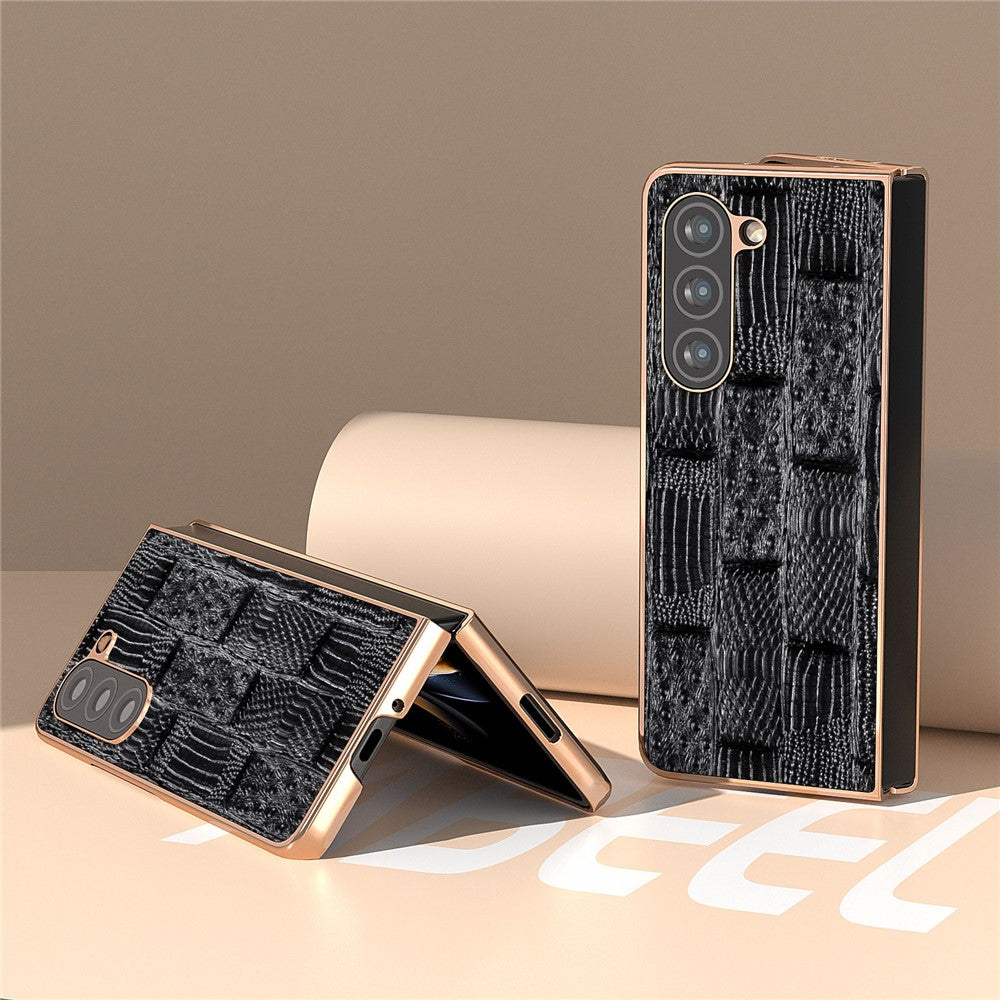 For Samsung Galaxy Z Fold5 5G Mahjong Texture Protective Cover Genuine Cow Leather + PC Electroplating Phone Case