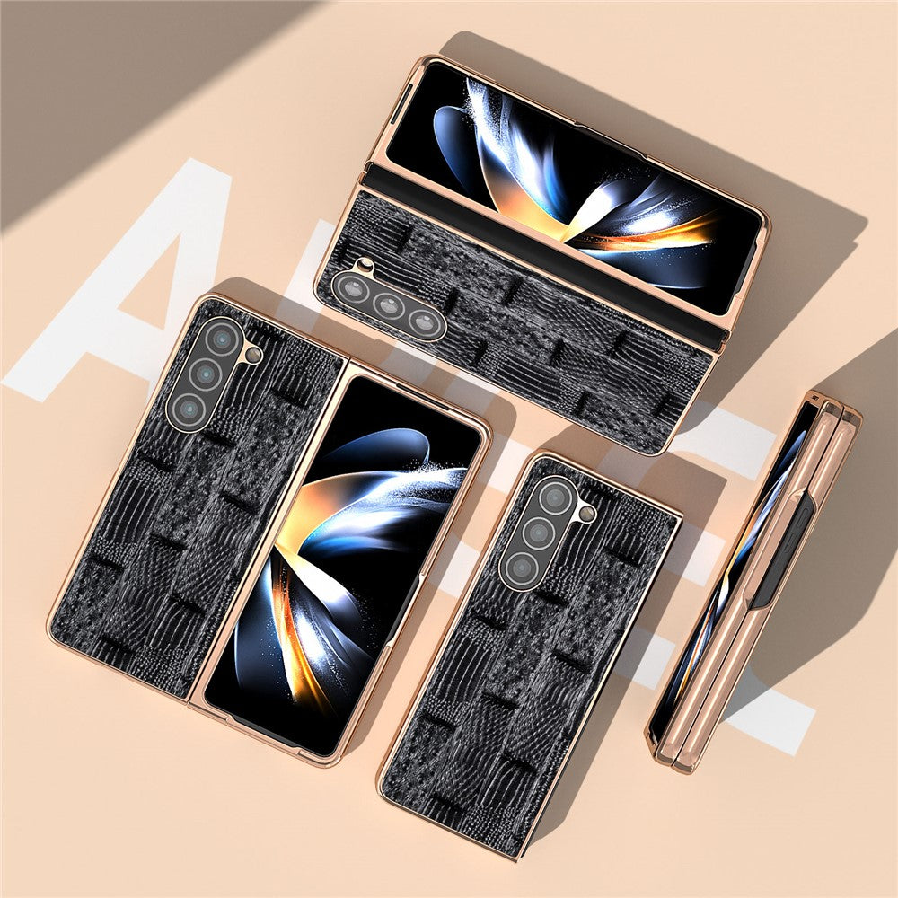 For Samsung Galaxy Z Fold5 5G Mahjong Texture Protective Cover Genuine Cow Leather + PC Electroplating Phone Case