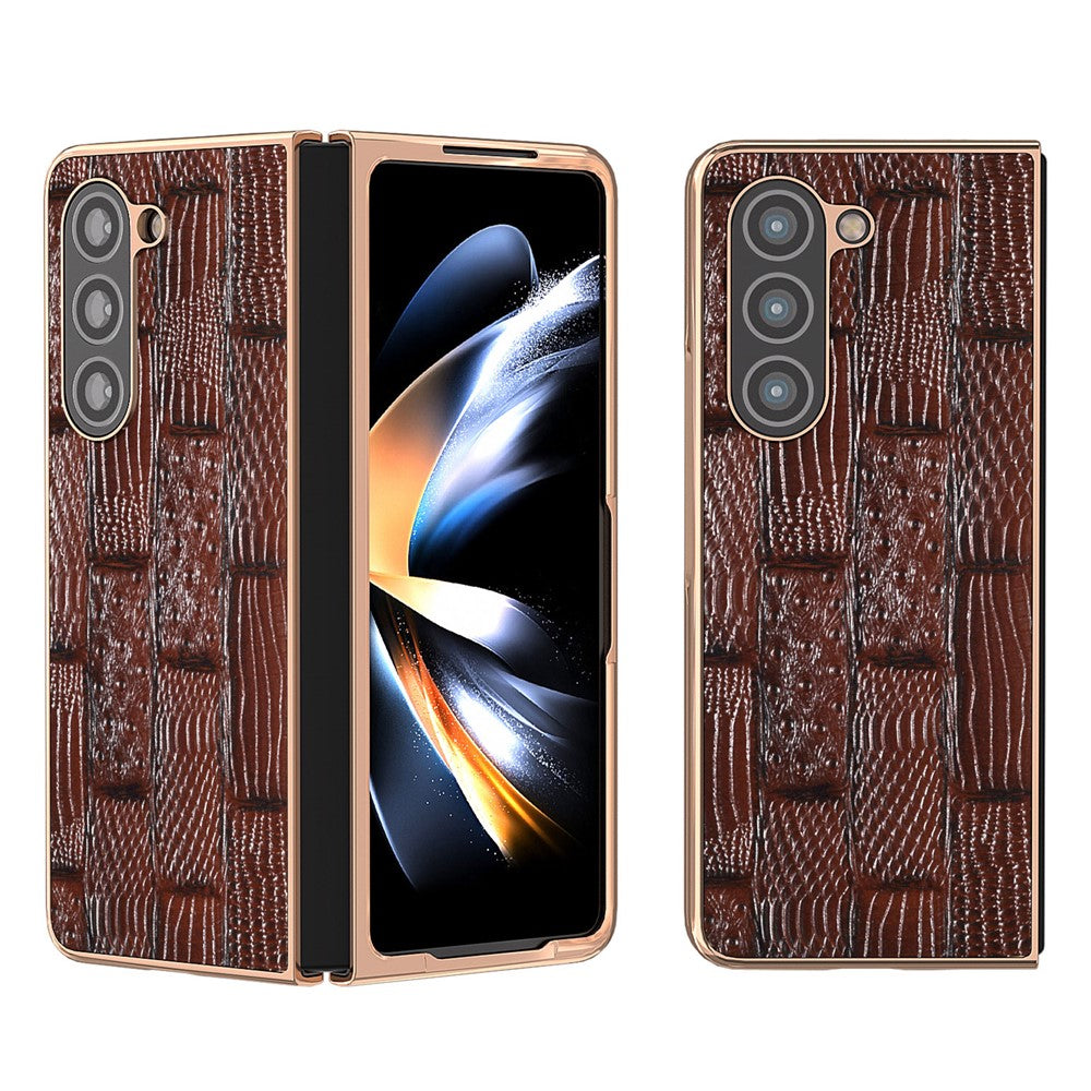 For Samsung Galaxy Z Fold5 5G Mahjong Texture Protective Cover Genuine Cow Leather + PC Electroplating Phone Case