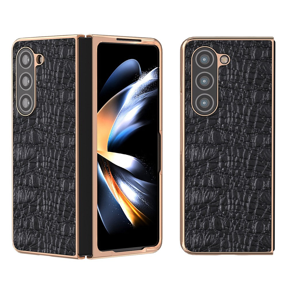 For Samsung Galaxy Z Fold5 5G Phone Case Genuine Cow Leather + PC Canopy Texture Electroplating Cover