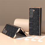 For Samsung Galaxy Z Fold5 5G Phone Case Genuine Cow Leather + PC Canopy Texture Electroplating Cover