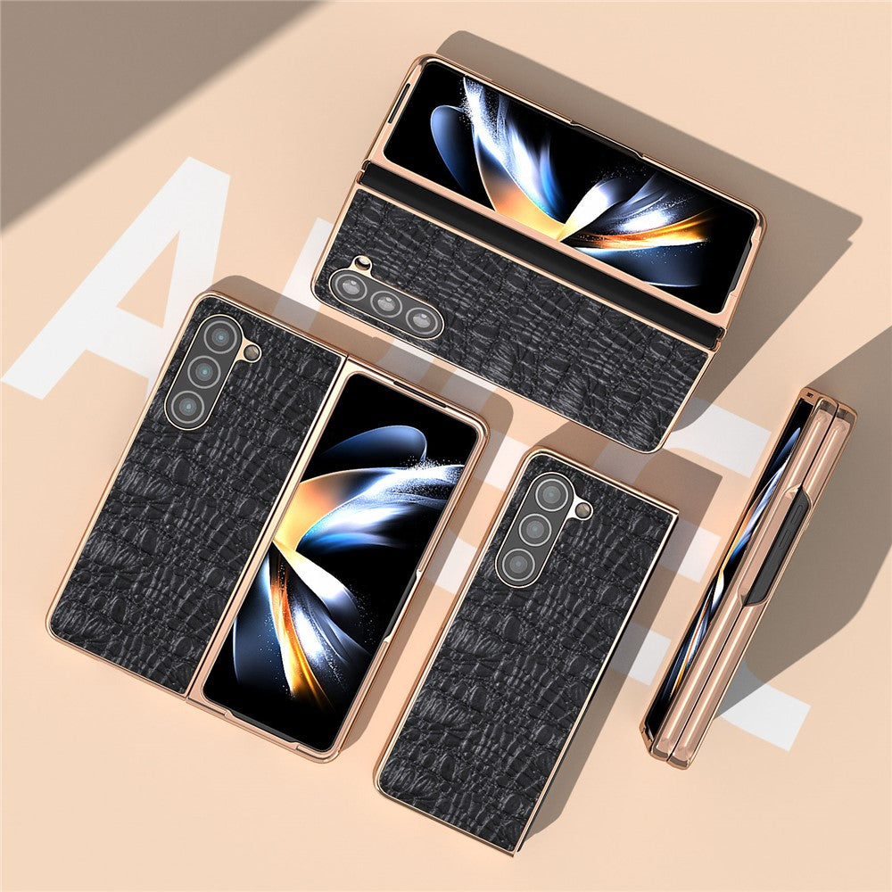 For Samsung Galaxy Z Fold5 5G Phone Case Genuine Cow Leather + PC Canopy Texture Electroplating Cover