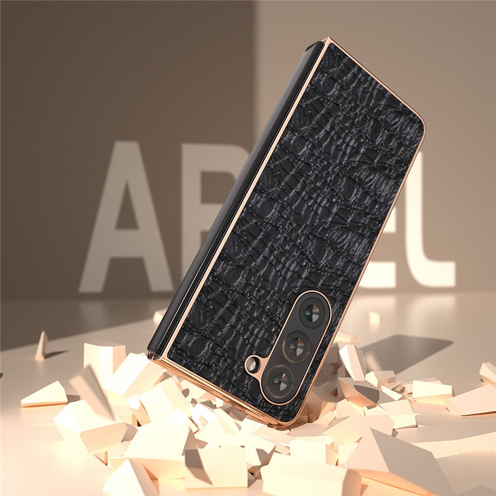 For Samsung Galaxy Z Fold5 5G Phone Case Genuine Cow Leather + PC Canopy Texture Electroplating Cover