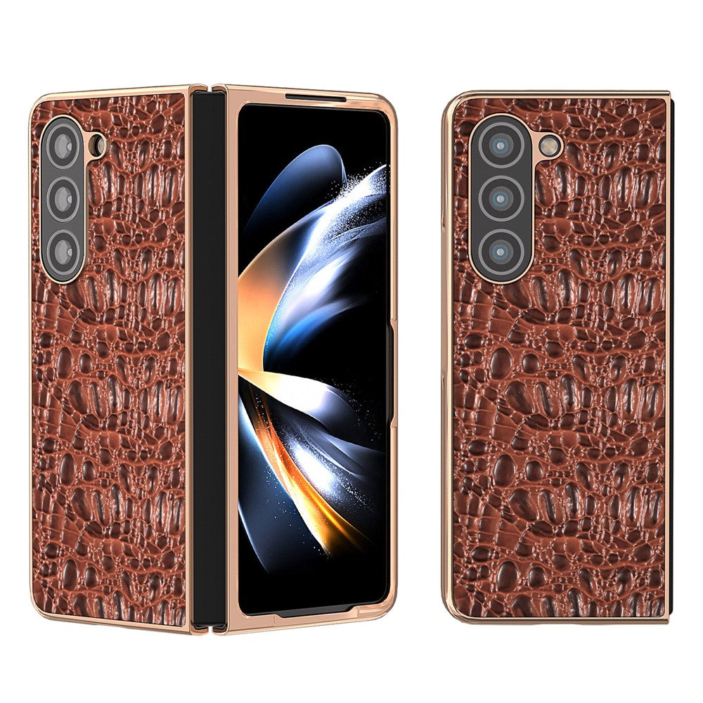 For Samsung Galaxy Z Fold5 5G Phone Case Genuine Cow Leather + PC Canopy Texture Electroplating Cover