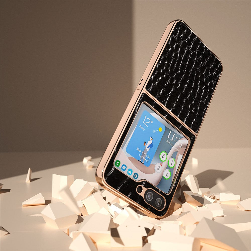 Samsung Galaxy Z Flip5 5G Elektroplätering mobilskal Krokodilstruktur Äkta Koläder Belagd PC-Skal