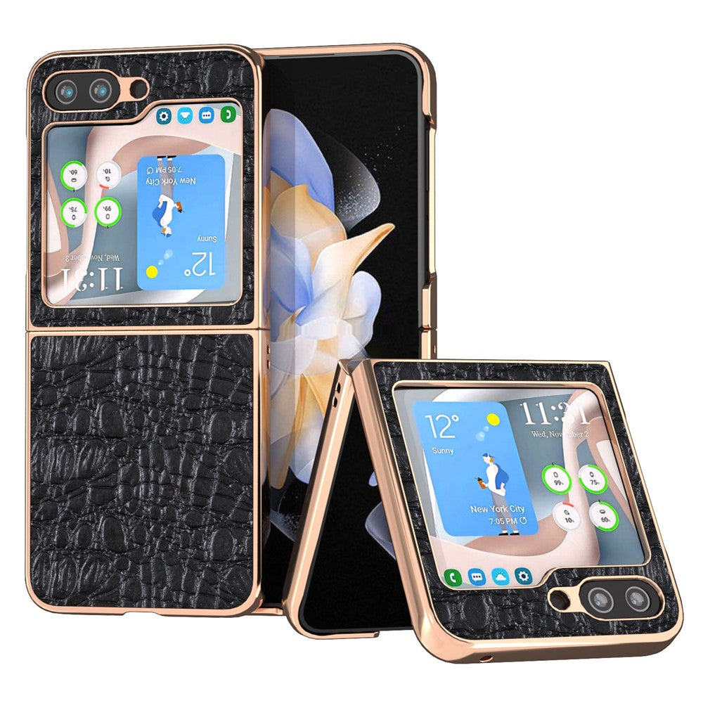 Til Samsung Galaxy Z Flip5 5G Ægte Koskindbelagt PC-cover Baldakintekstur Elektropletteret Telefoncover
