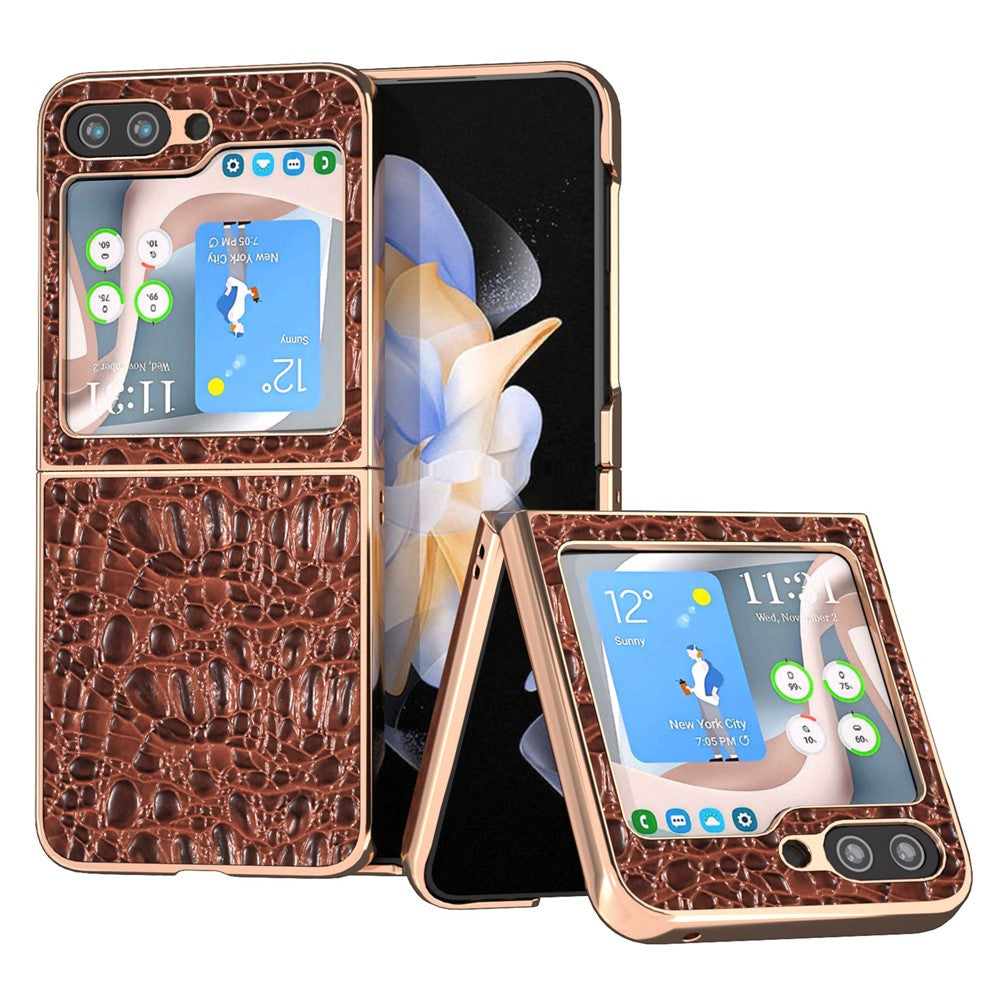 Til Samsung Galaxy Z Flip5 5G Ægte Koskindbelagt PC-cover Baldakintekstur Elektropletteret Telefoncover