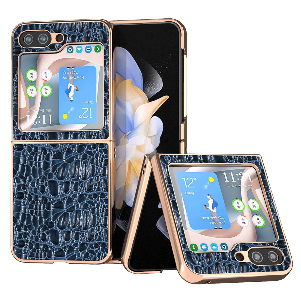 Til Samsung Galaxy Z Flip5 5G Ægte Koskindbelagt PC-cover Baldakintekstur Elektropletteret Telefoncover