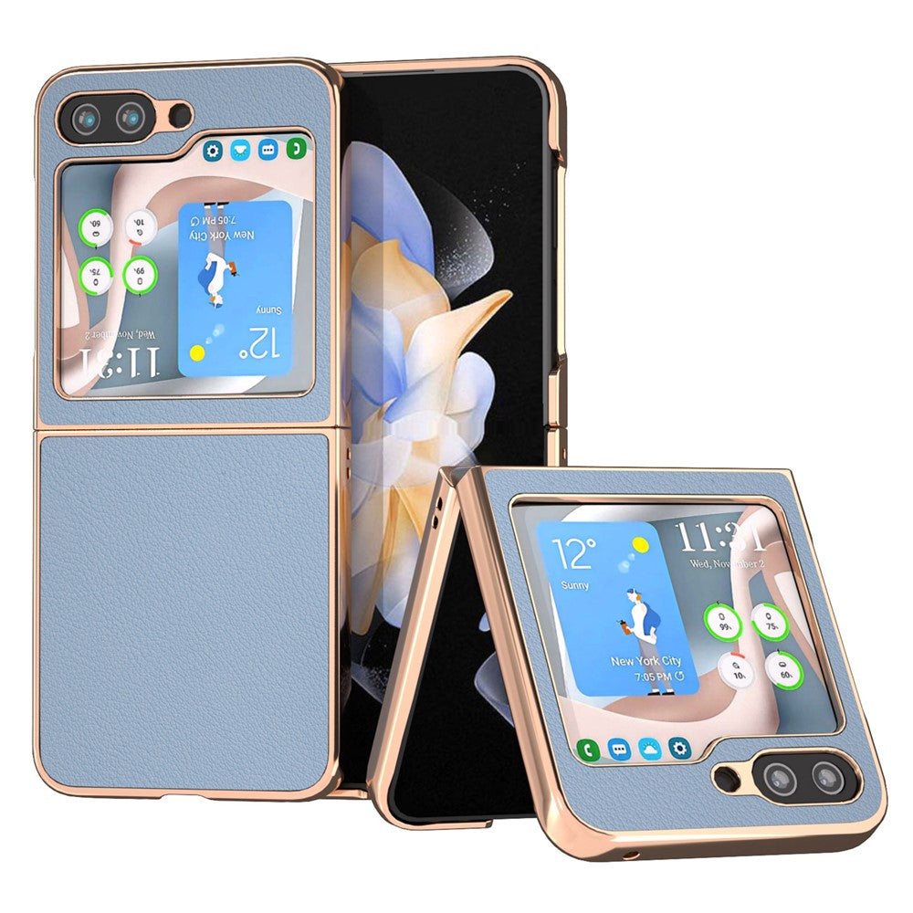 Electroplating Phone Case for Samsung Galaxy Z Flip5 5G, Genuine Cow Leather Coated PC Cover