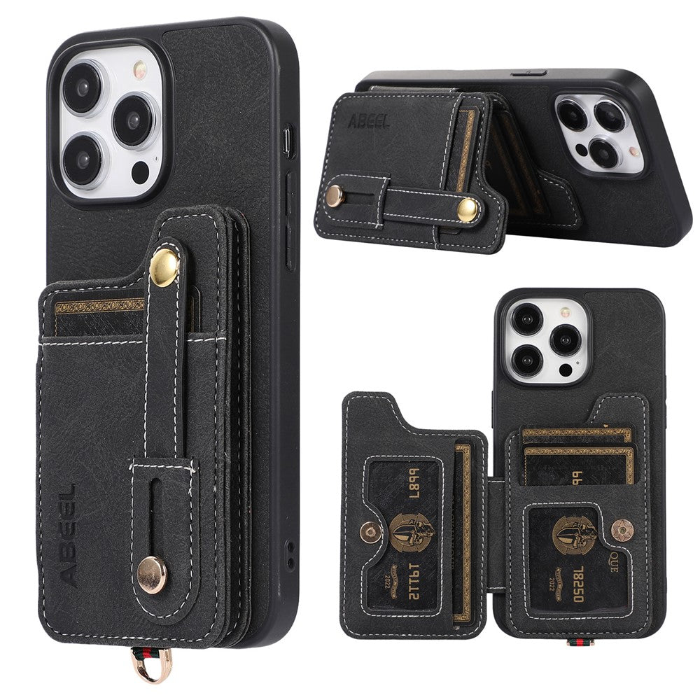 ABEEL Style 01 For iPhone 15 Pro Max PU Leather Coated TPU+PC Cover Kickstand Card Holder Phone Case
