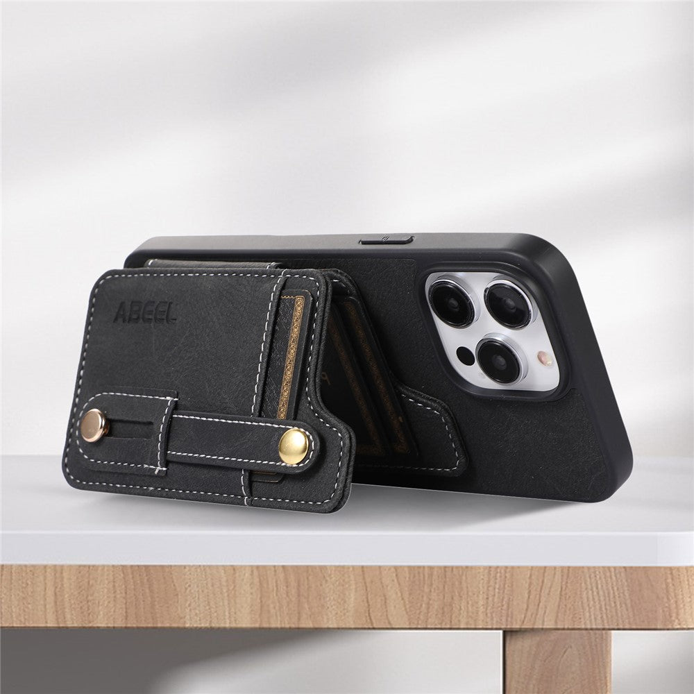 ABEEL Style 01 For iPhone 15 Pro Max PU Leather Coated TPU+PC Cover Kickstand Card Holder Phone Case