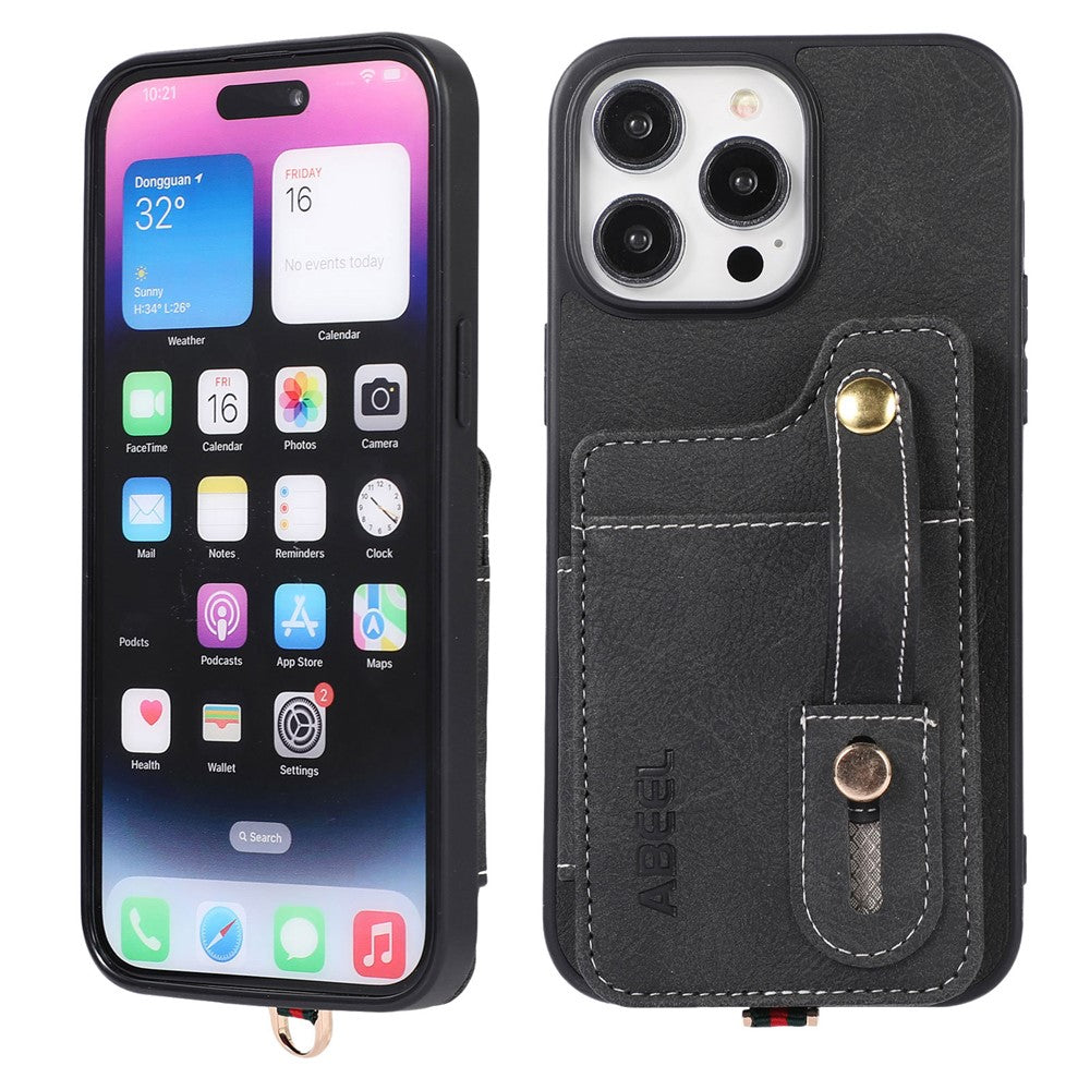 ABEEL Style 01 For iPhone 15 Pro Max PU Leather Coated TPU+PC Cover Kickstand Card Holder Phone Case