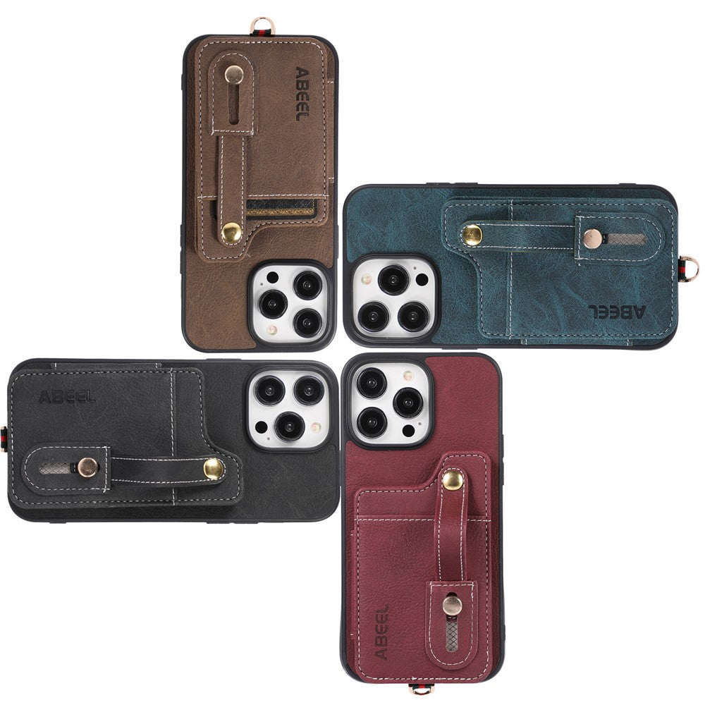 ABEEL Style 01 For iPhone 15 Pro Max PU Leather Coated TPU+PC Cover Kickstand Card Holder Phone Case