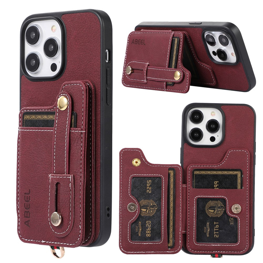 ABEEL Style 01 For iPhone 15 Pro Max PU Leather Coated TPU+PC Cover Kickstand Card Holder Phone Case