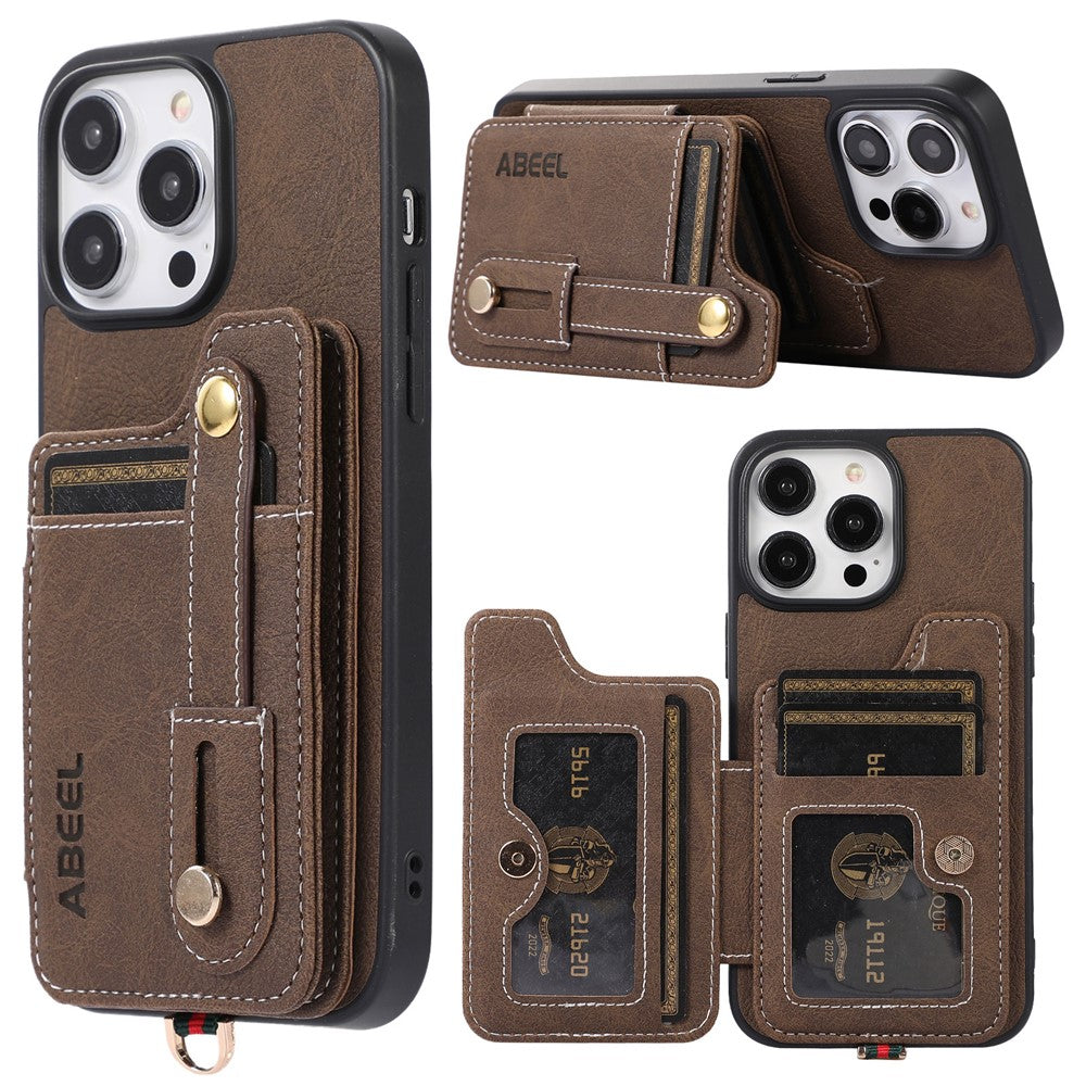 ABEEL Style 01 For iPhone 15 Pro Max PU Leather Coated TPU+PC Cover Kickstand Card Holder Phone Case