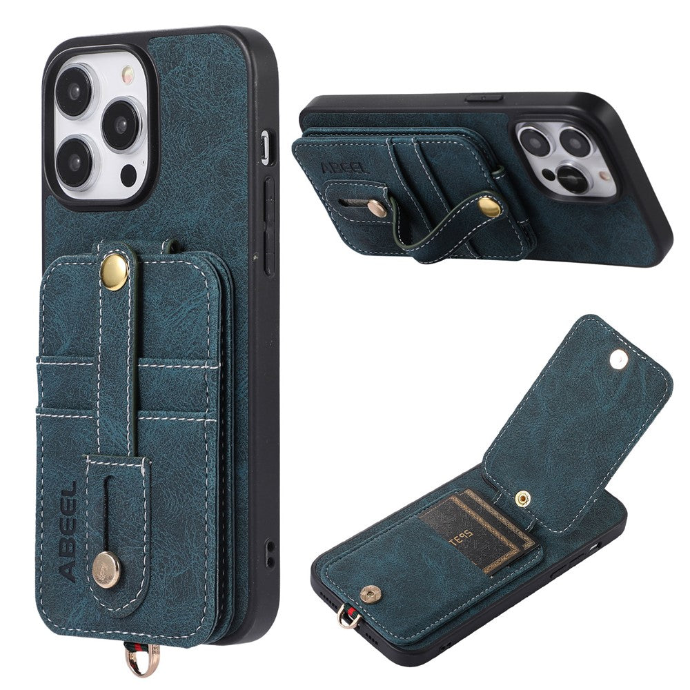ABEEL Style 02 Kickstand Back Case for iPhone 15 Pro Max , Leather Coated TPU+PC Card Slots Litchi Texture Phone Cover