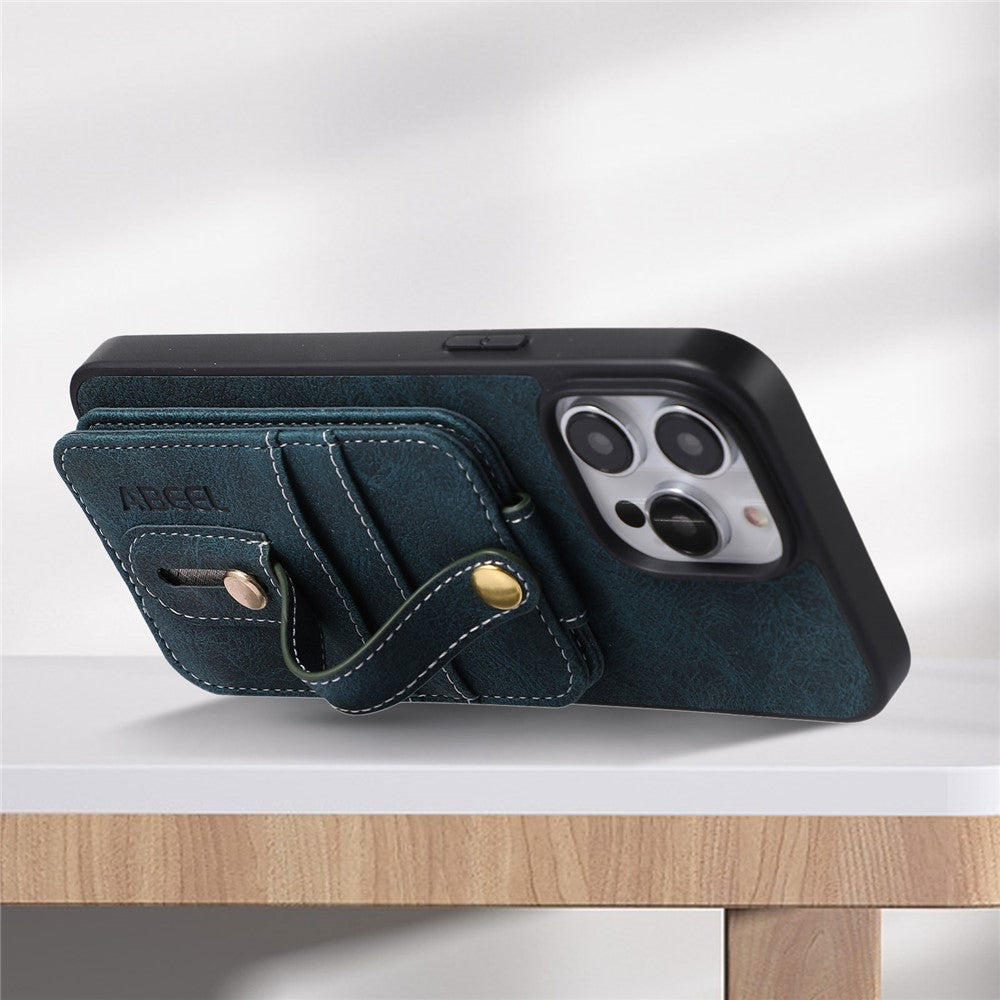ABEEL Style 02 Kickstand Back Case for iPhone 15 Pro Max , Leather Coated TPU+PC Card Slots Litchi Texture Phone Cover