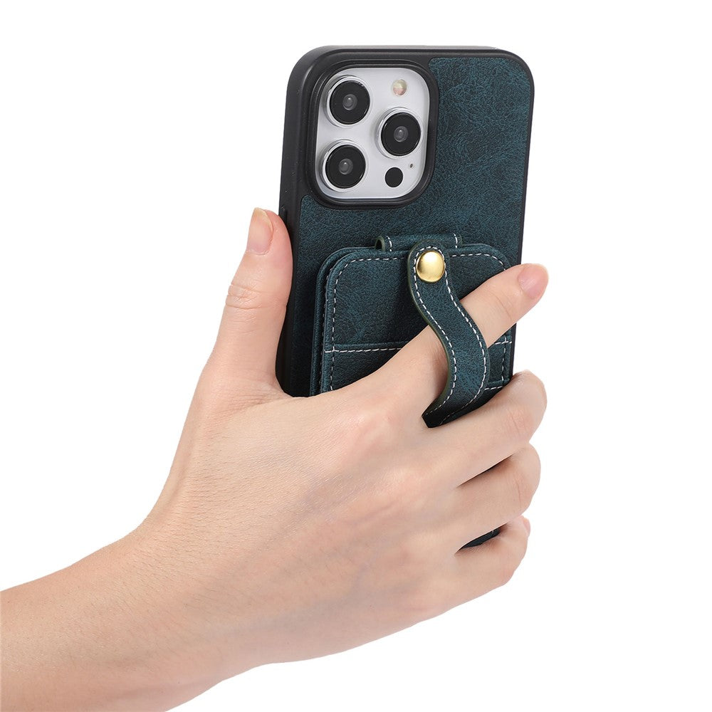 ABEEL Style 02 Kickstand Back Case for iPhone 15 Pro Max , Leather Coated TPU+PC Card Slots Litchi Texture Phone Cover