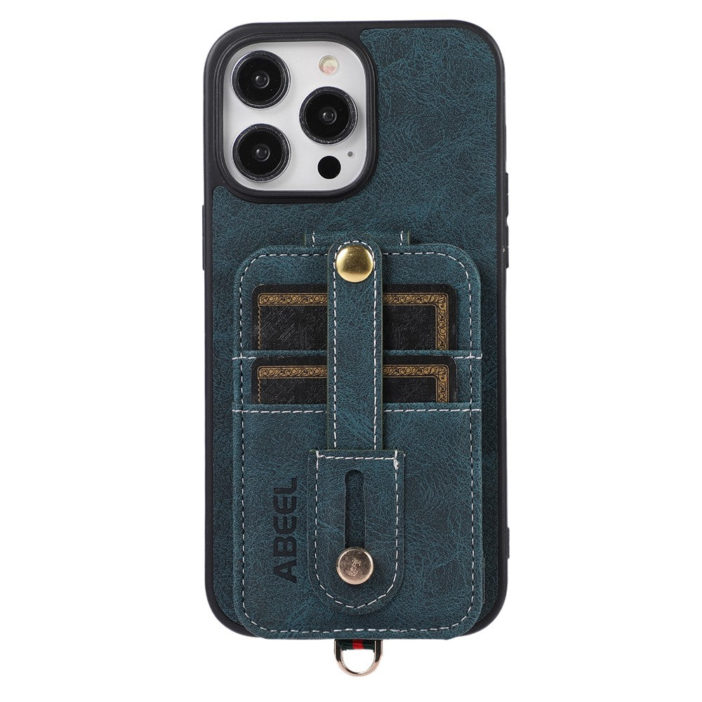 ABEEL Style 02 Kickstand Back Case for iPhone 15 Pro Max , Leather Coated TPU+PC Card Slots Litchi Texture Phone Cover