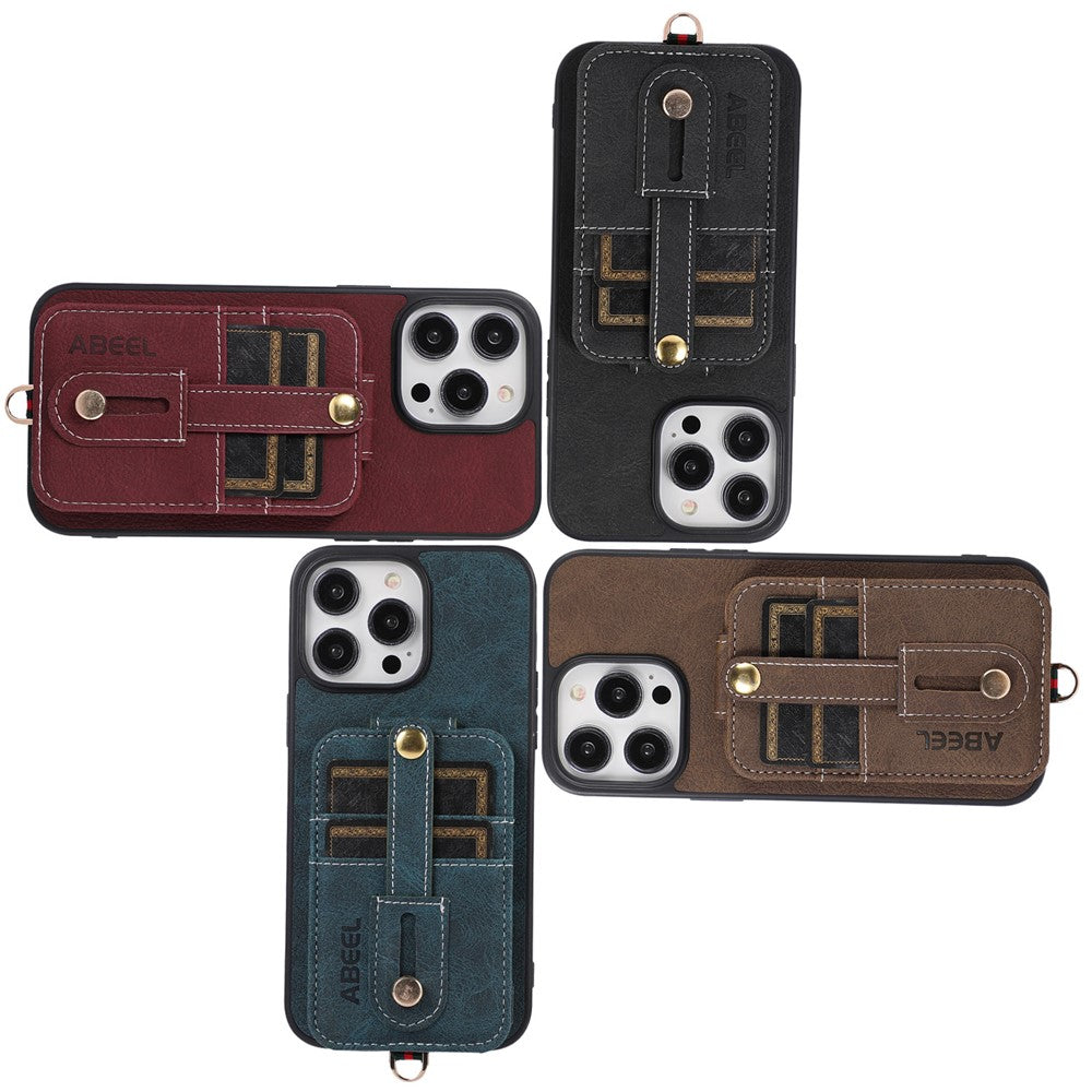 ABEEL Style 02 Kickstand Back Case for iPhone 15 Pro Max , Leather Coated TPU+PC Card Slots Litchi Texture Phone Cover