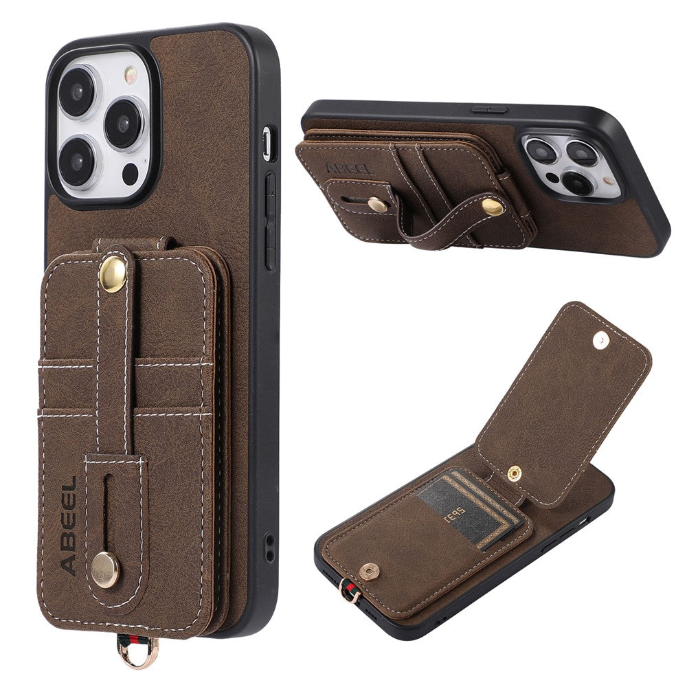 ABEEL Style 02 Kickstand Back Case for iPhone 15 Pro Max , Leather Coated TPU+PC Card Slots Litchi Texture Phone Cover