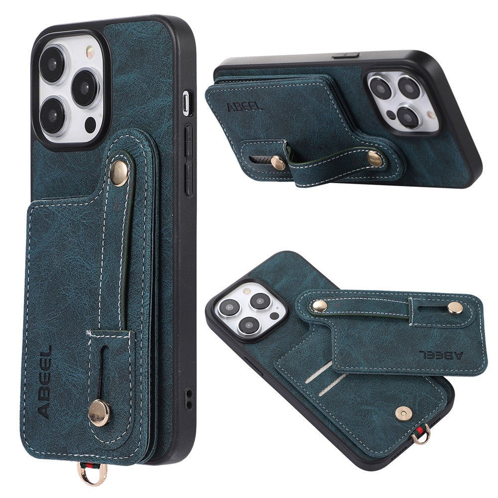 ABEEL Style 03 PU Leather Coated TPU+PC Shell for iPhone 15 Pro Max, Kickstand Card Slots Litchi Texture Phone Cover
