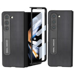 ABEEL For Samsung Galaxy Z Fold5 5G Kickstand Back Cover Nappa Texture Genuine Cow Leather+PC Phone Case with Front Screen Film