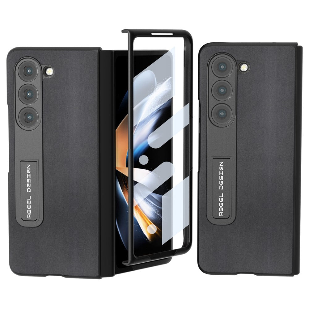 ABEEL For Samsung Galaxy Z Fold5 5G Kickstand Back Cover Nappa Texture Genuine Cow Leather+PC Phone Case with Front Screen Film