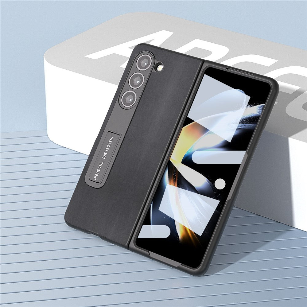 ABEEL For Samsung Galaxy Z Fold5 5G Kickstand Back Cover Nappa Texture Genuine Cow Leather+PC Phone Case with Front Screen Film