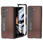 ABEEL For Samsung Galaxy Z Fold5 5G Kickstand Back Cover Nappa Texture Genuine Cow Leather+PC Phone Case with Front Screen Film