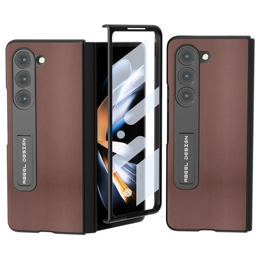 ABEEL For Samsung Galaxy Z Fold5 5G Kickstand Back Cover Nappa Texture Genuine Cow Leather+PC Phone Case with Front Screen Film