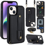 Card Holder Shell for iPhone 15, Kickstand Case PU Leather Coated TPU Phone Cover with Shoulder Strap