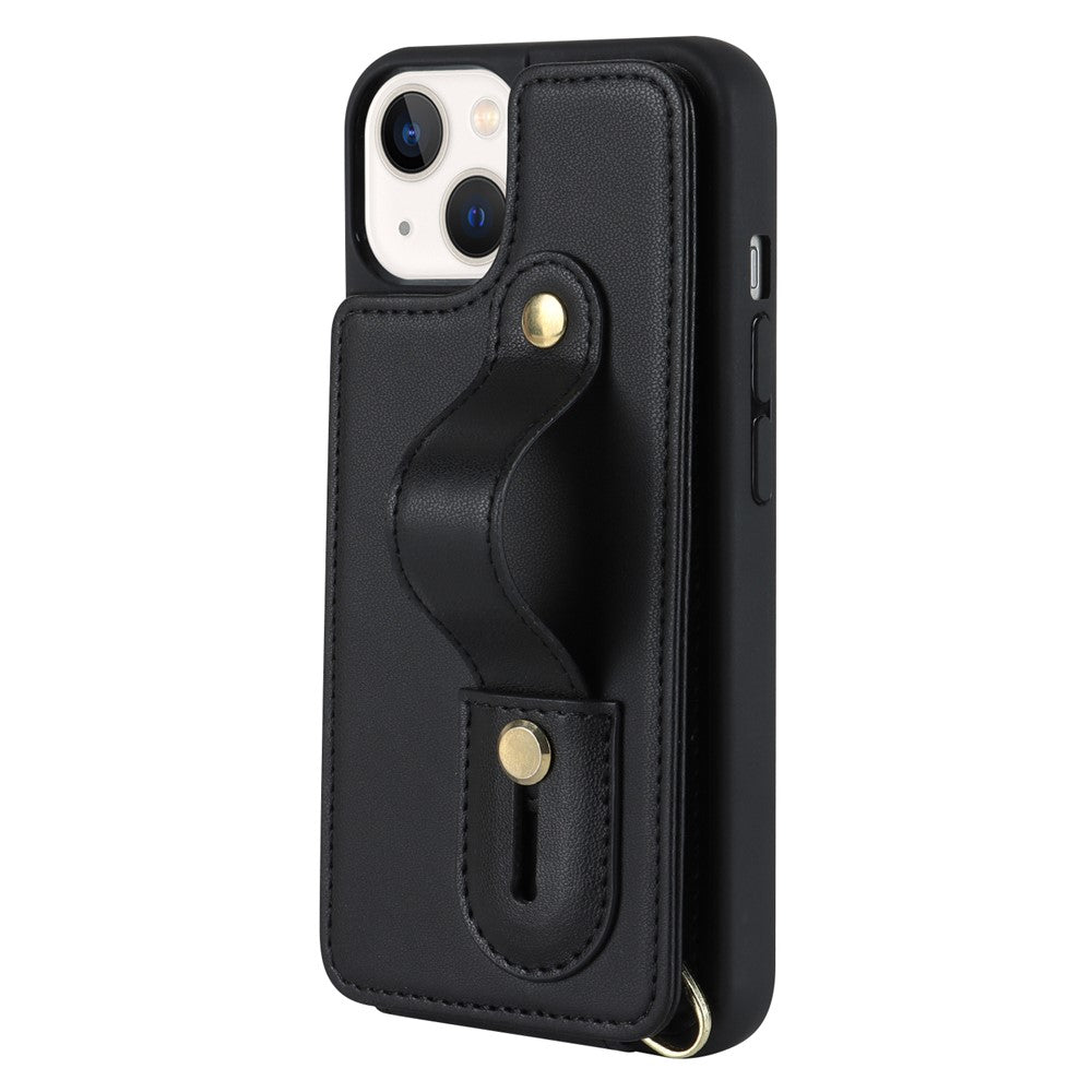 Card Holder Shell for iPhone 15, Kickstand Case PU Leather Coated TPU Phone Cover with Shoulder Strap