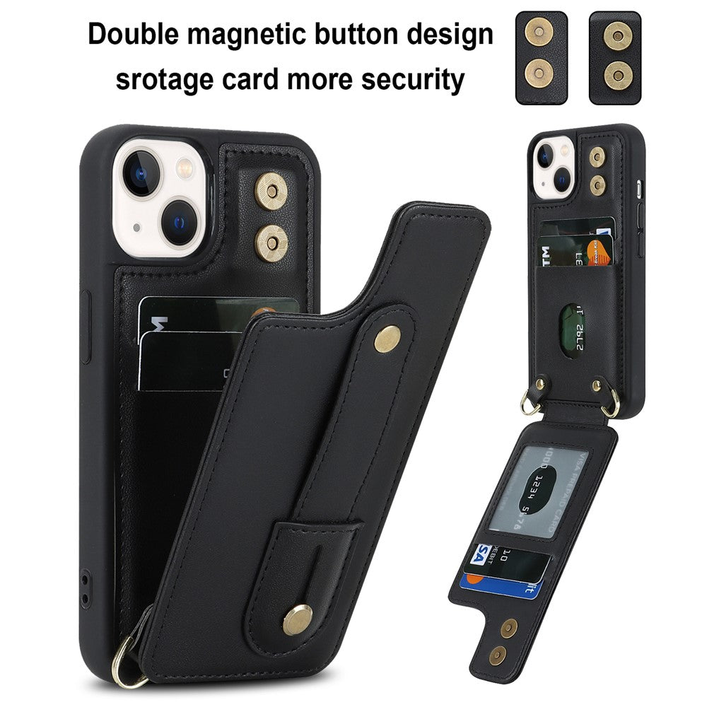 Card Holder Shell for iPhone 15, Kickstand Case PU Leather Coated TPU Phone Cover with Shoulder Strap