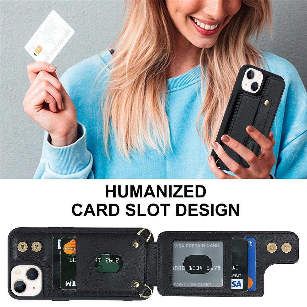 Card Holder Shell for iPhone 15, Kickstand Case PU Leather Coated TPU Phone Cover with Shoulder Strap